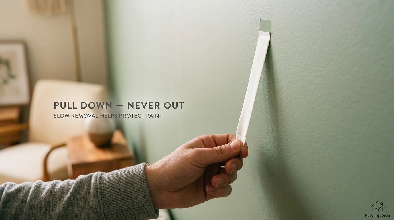 Hand pulling a Command strip straight down parallel to the wall to remove it without peeling paint in a rental apartment