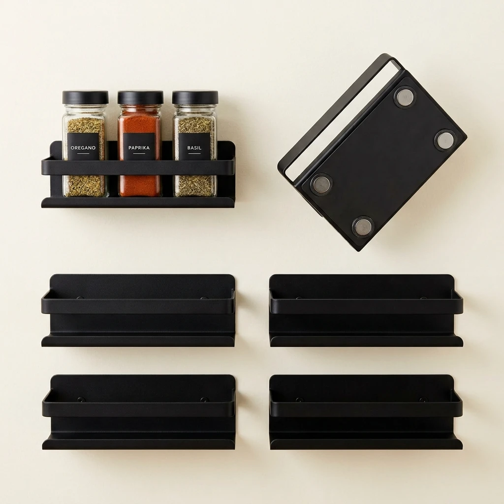 HuggieGems black four-pack magnetic spice racks attached to a compatible metal refrigerator side