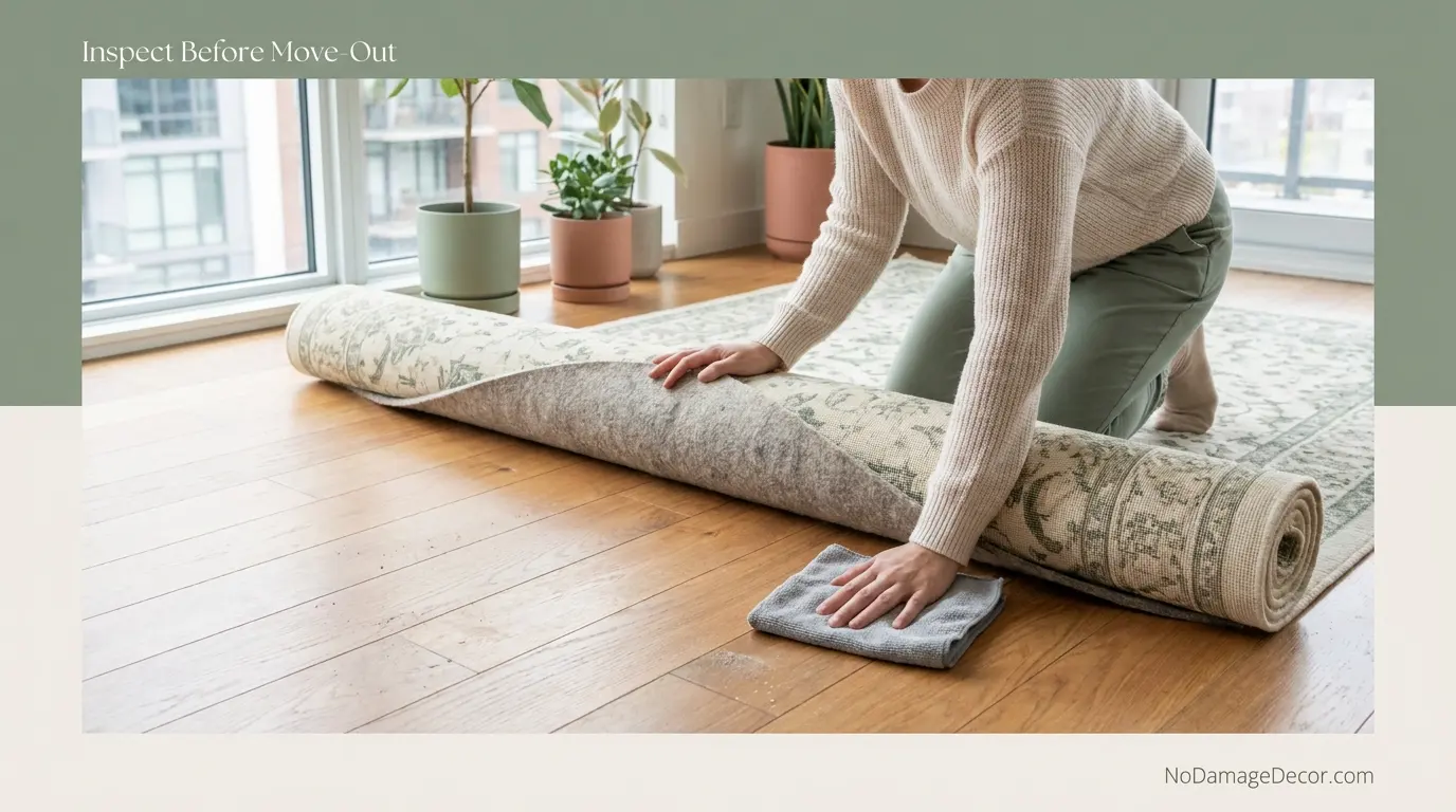 Renter removing a rug pad to inspect and clean hardwood flooring before move-out