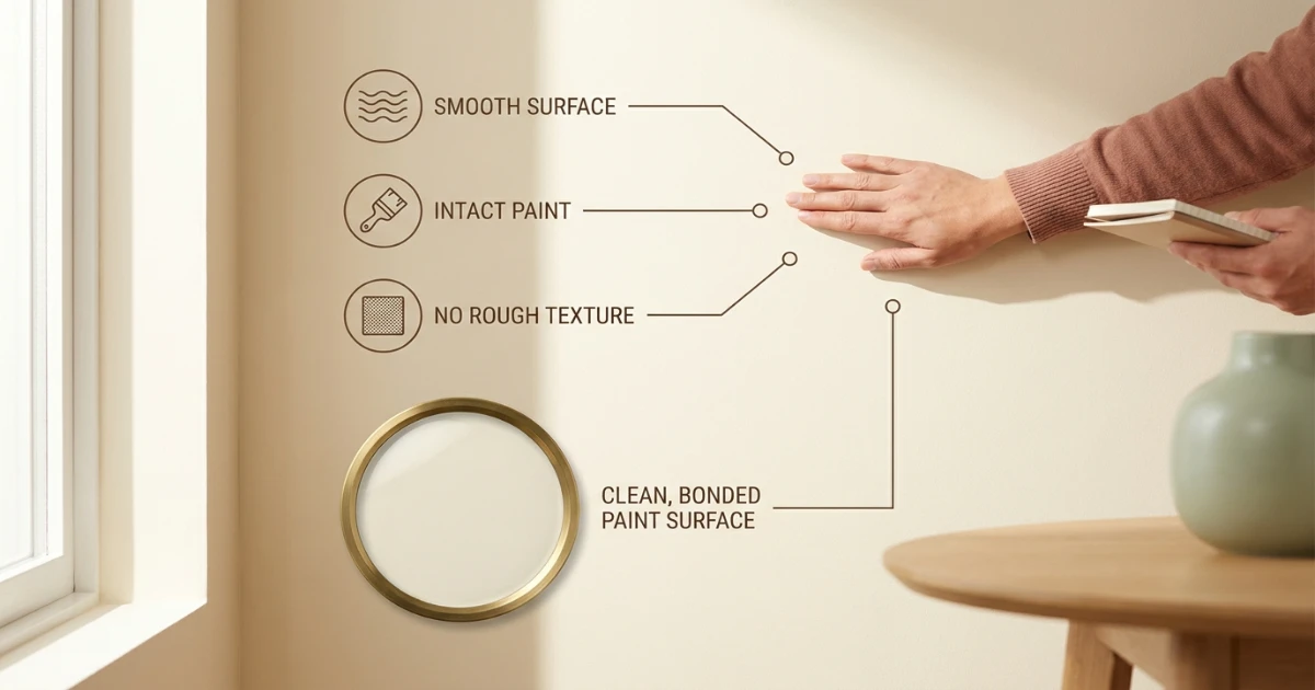 Close-up of hands inspecting a painted apartment wall for texture, gloss, and paint condition before Command strip testing