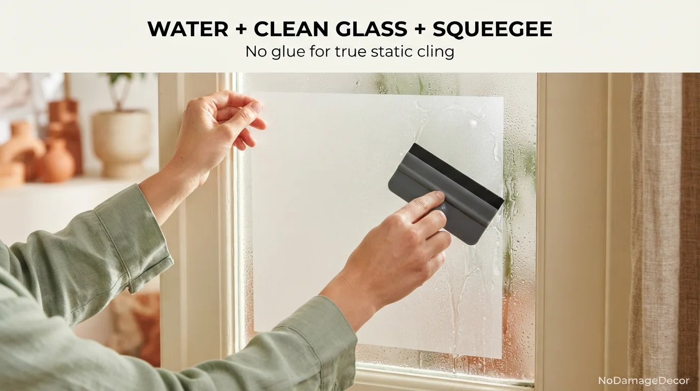 Renter smoothing static-cling privacy film onto wet clean window glass with a squeegee.