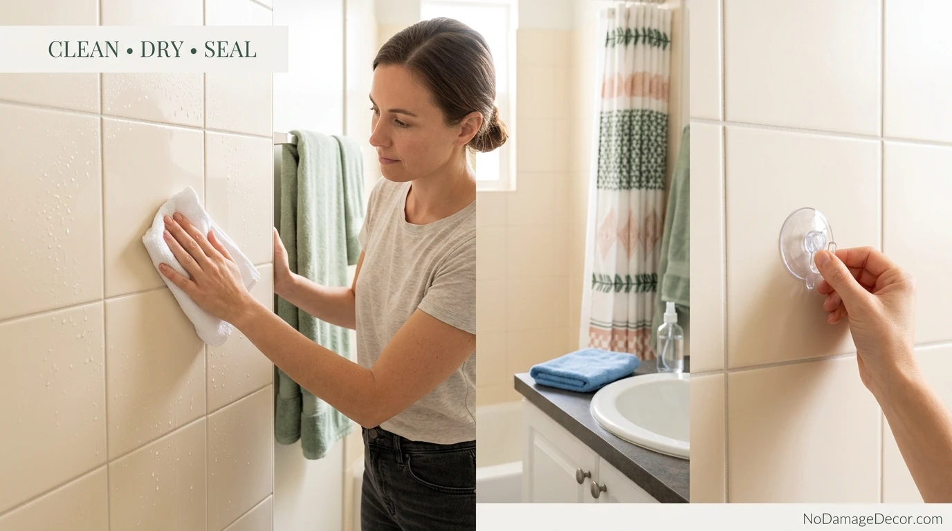 Renter cleaning and drying glazed tile before installing a suction cup bathroom hook