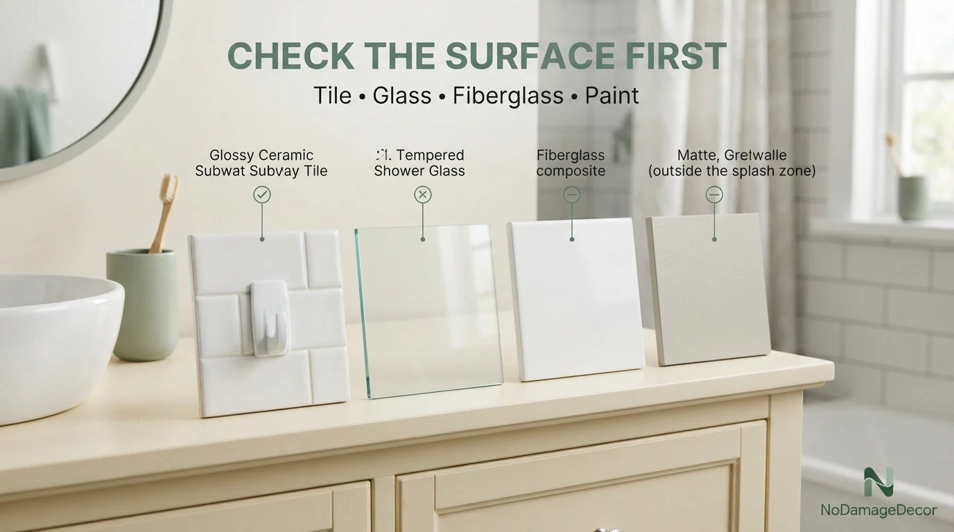 Renter pressing a water-resistant adhesive bathroom hook onto clean tile after drying the surface.