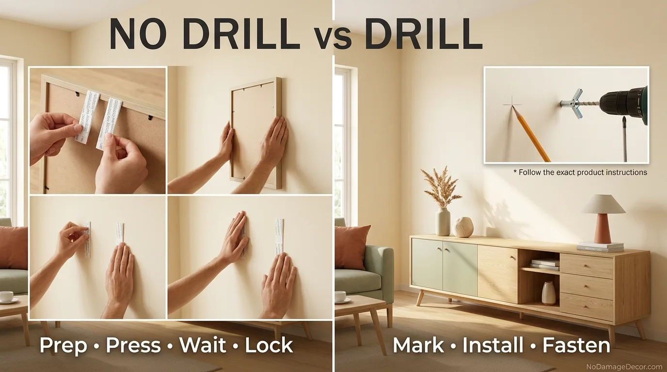 Renter applying interlocking picture hanging strips correctly to a frame and smooth painted wall