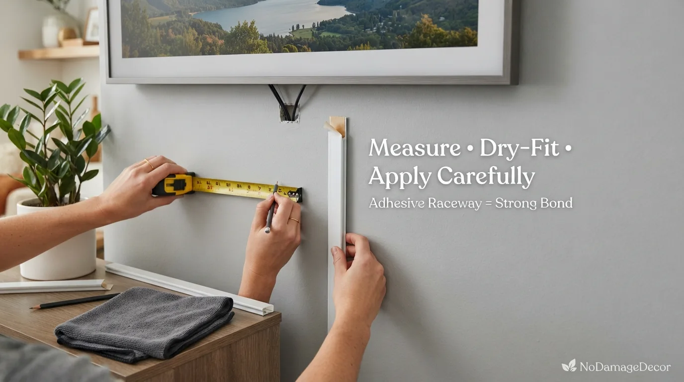 Renter measuring and applying a surface cable raceway below a TV without drilling