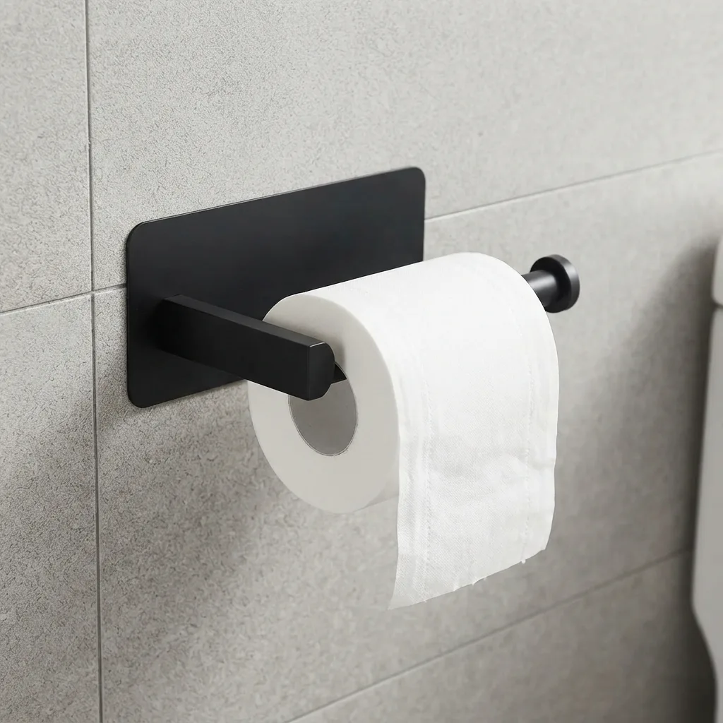 JOPOFI matte black adhesive toilet paper holder for no-drill bathroom mounting