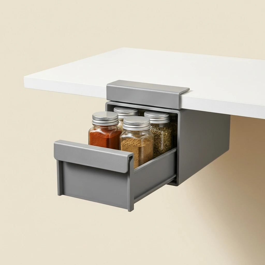 Joseph Joseph CupboardStore gray under-shelf spice rack installed beneath a cabinet shelf