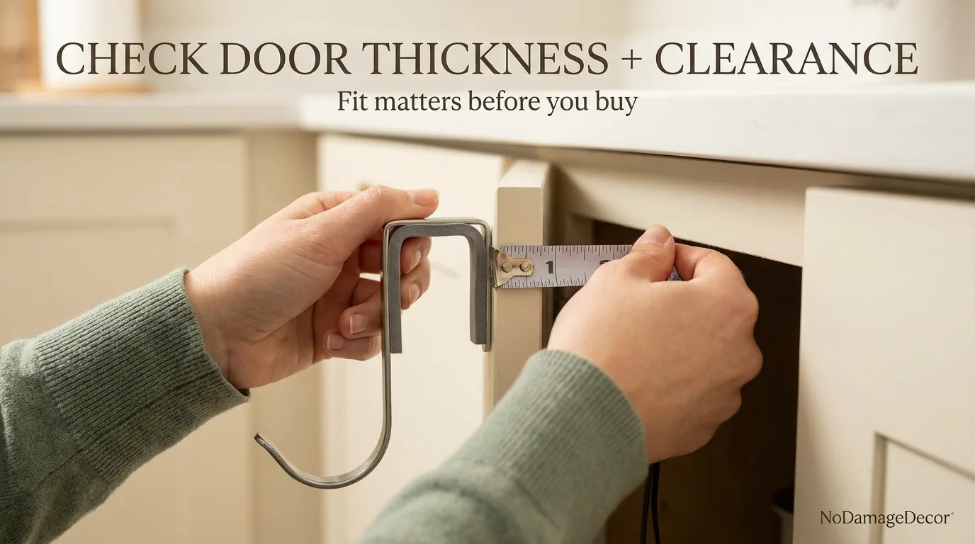 Renter measuring cabinet door thickness and clearance before installing an over-cabinet towel bar.