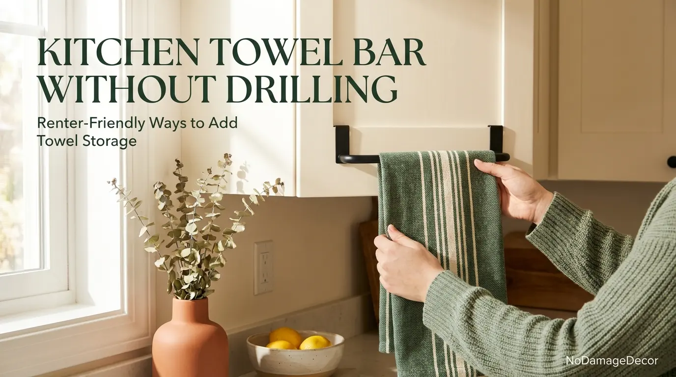 Renter using a no-drill towel bar on a kitchen cabinet door in a modern apartment.