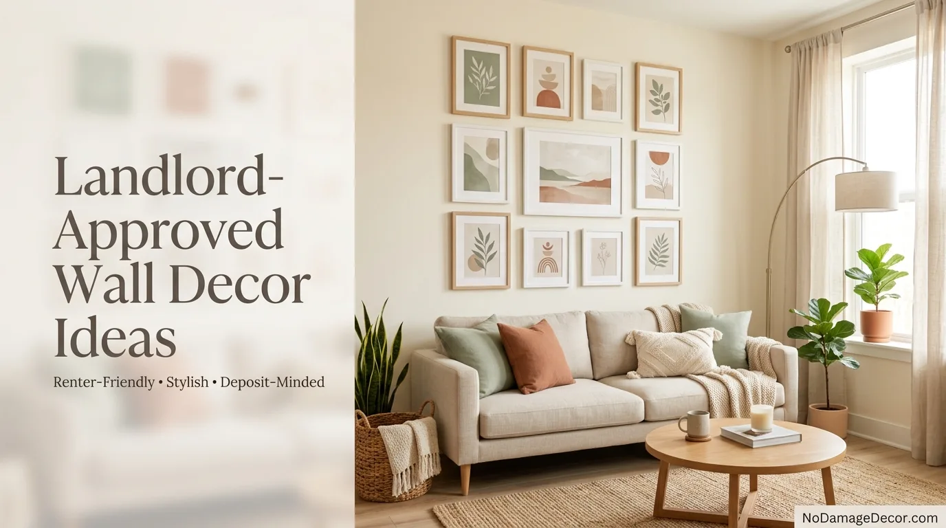 Gallery wall of lightweight frames arranged above a rented apartment sofa using adhesive strips