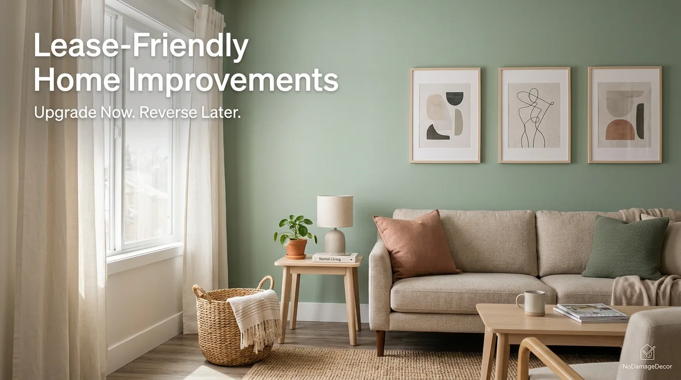 Lease-friendly home improvement ideas in a bright rental living room with removable wallpaper, damage-free wall art, and a no-drill tension rod window treatment
