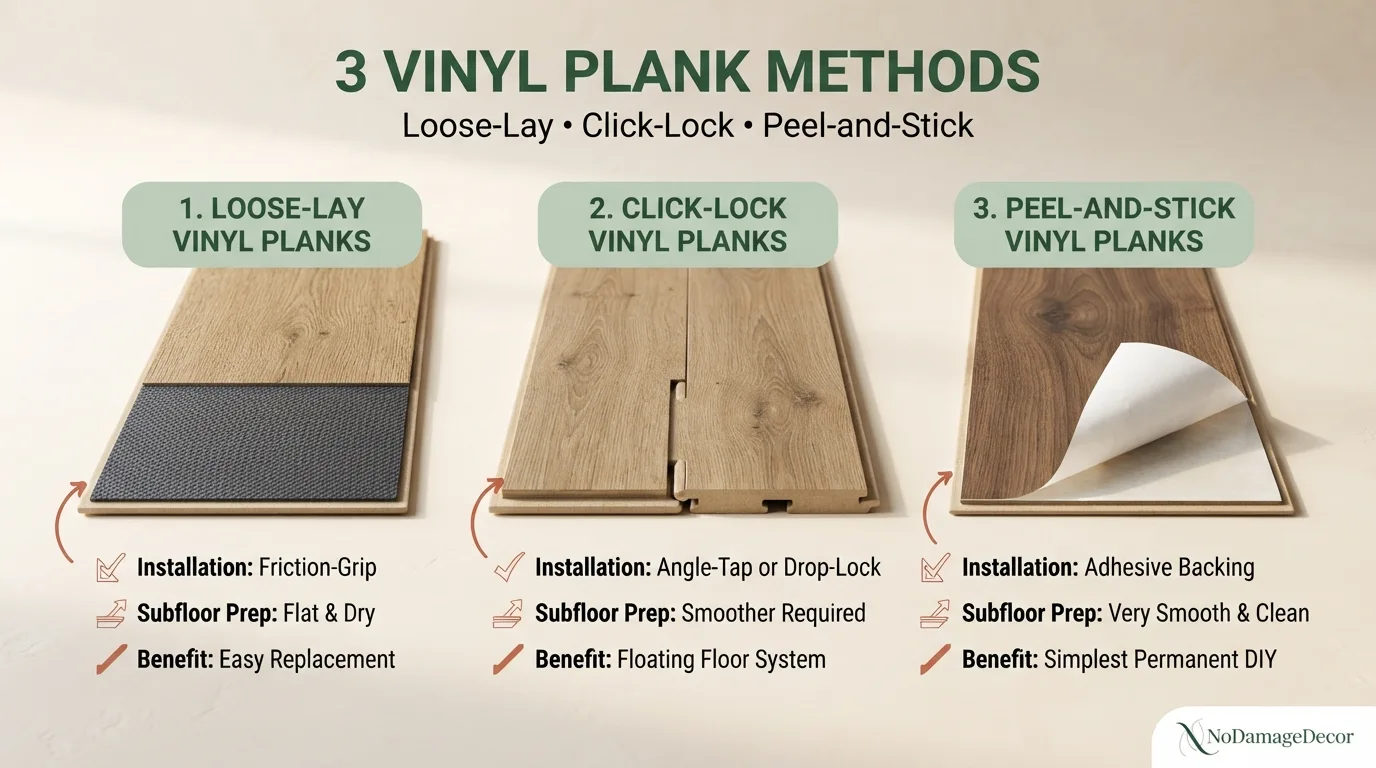 Loose-lay, click-lock and peel-and-stick vinyl plank flooring compared for renters.