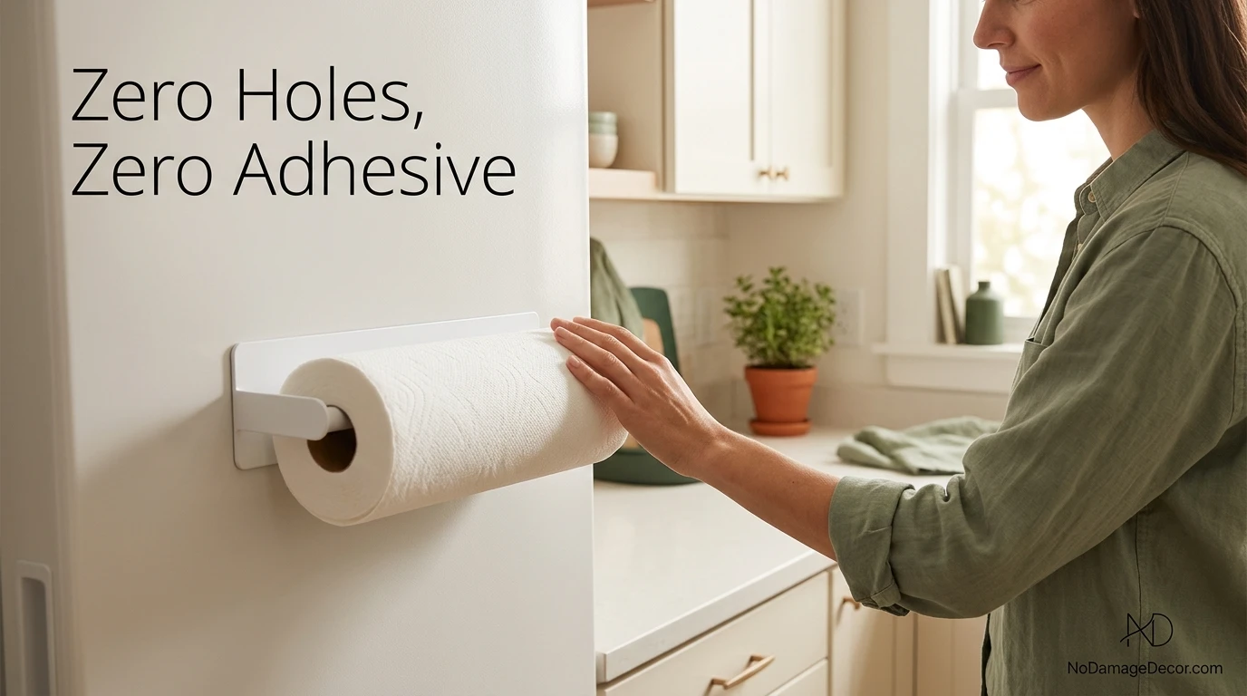 Magnetic paper towel holder attached to the side of a metal refrigerator in a rental kitchen