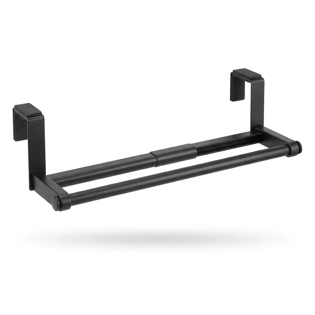 mDesign adjustable matte black over-cabinet kitchen towel bar on a white background.