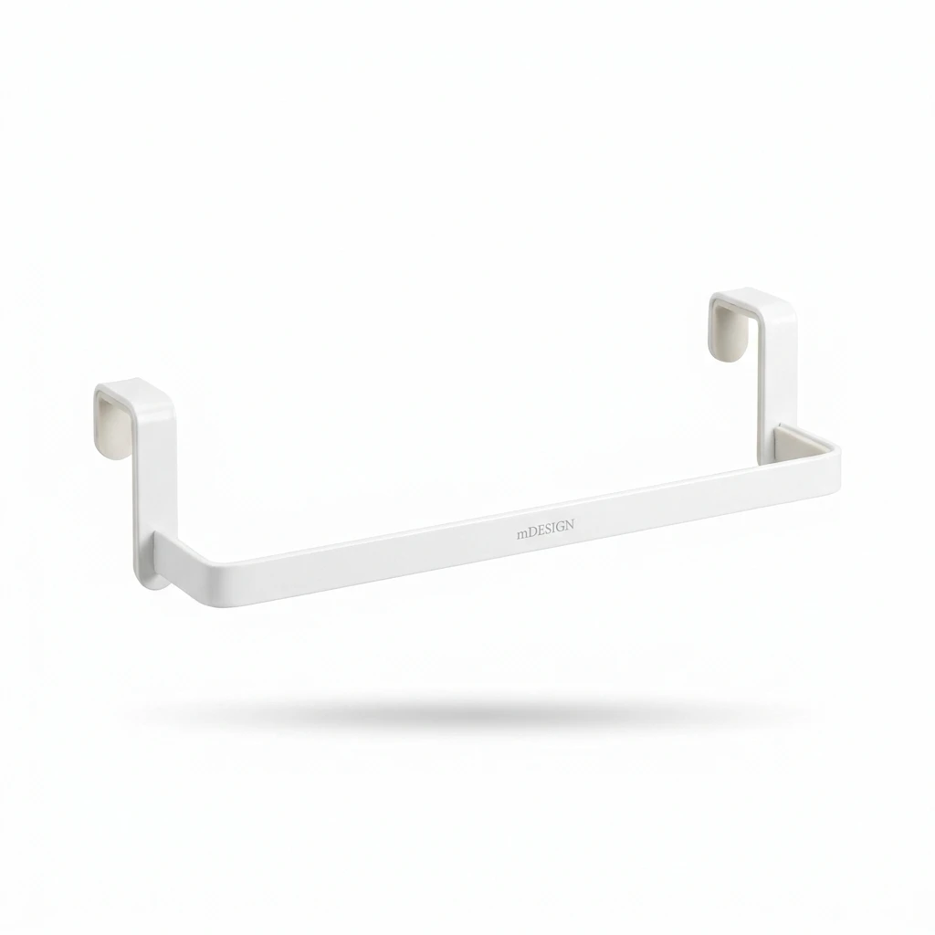 mDesign white over-cabinet kitchen towel bar with protective backing on a white background.