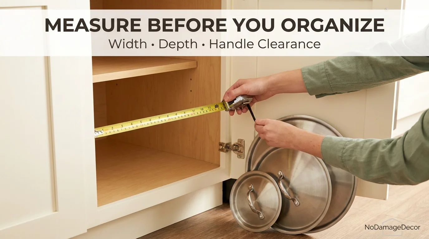 Renter measuring cabinet width, depth and shelf height before choosing a pot lid organizer.