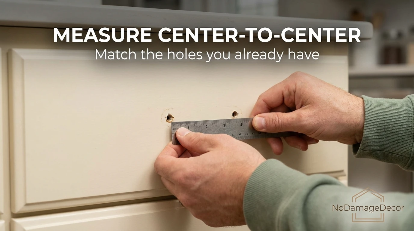 Measuring the center-to-center distance between two existing cabinet hardware holes.