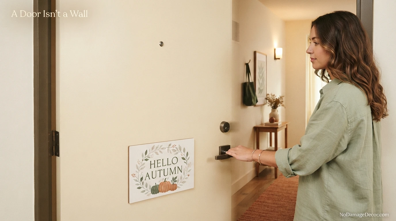 Lightweight flat decor mounted on a metal door with a visual reminder that door movement adds vibration