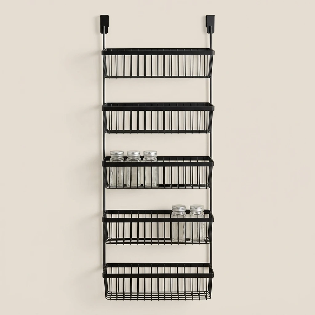 Moforoco 9-tier over-the-door pantry organizer in black hanging on a standard interior door