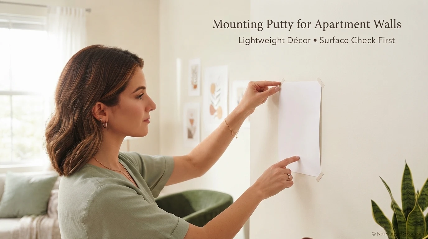 Renter using mounting putty to hang a lightweight paper print on a smooth apartment wall