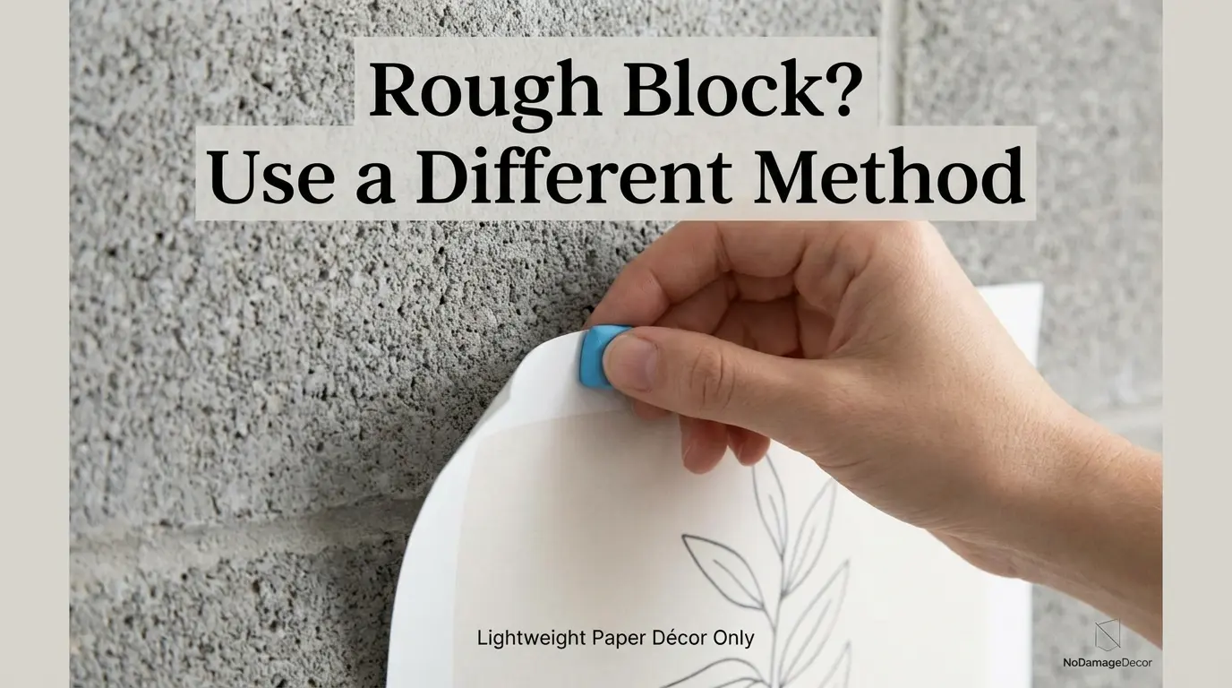 Lightweight paper dorm poster attached to rough cinder block with small mounting putty pieces