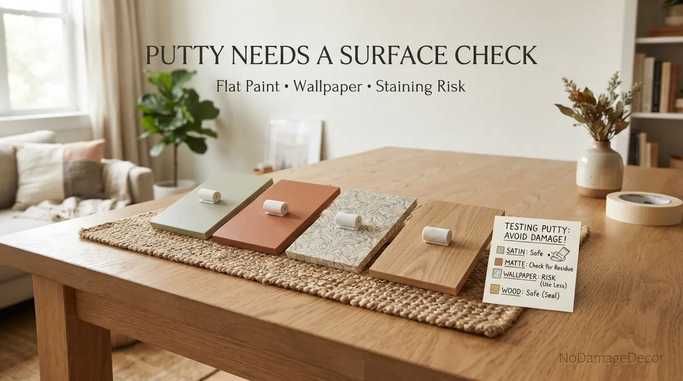 Mounting putty tested on smooth paint, flat paint, wallpaper and a photo card in a renter surface comparison.