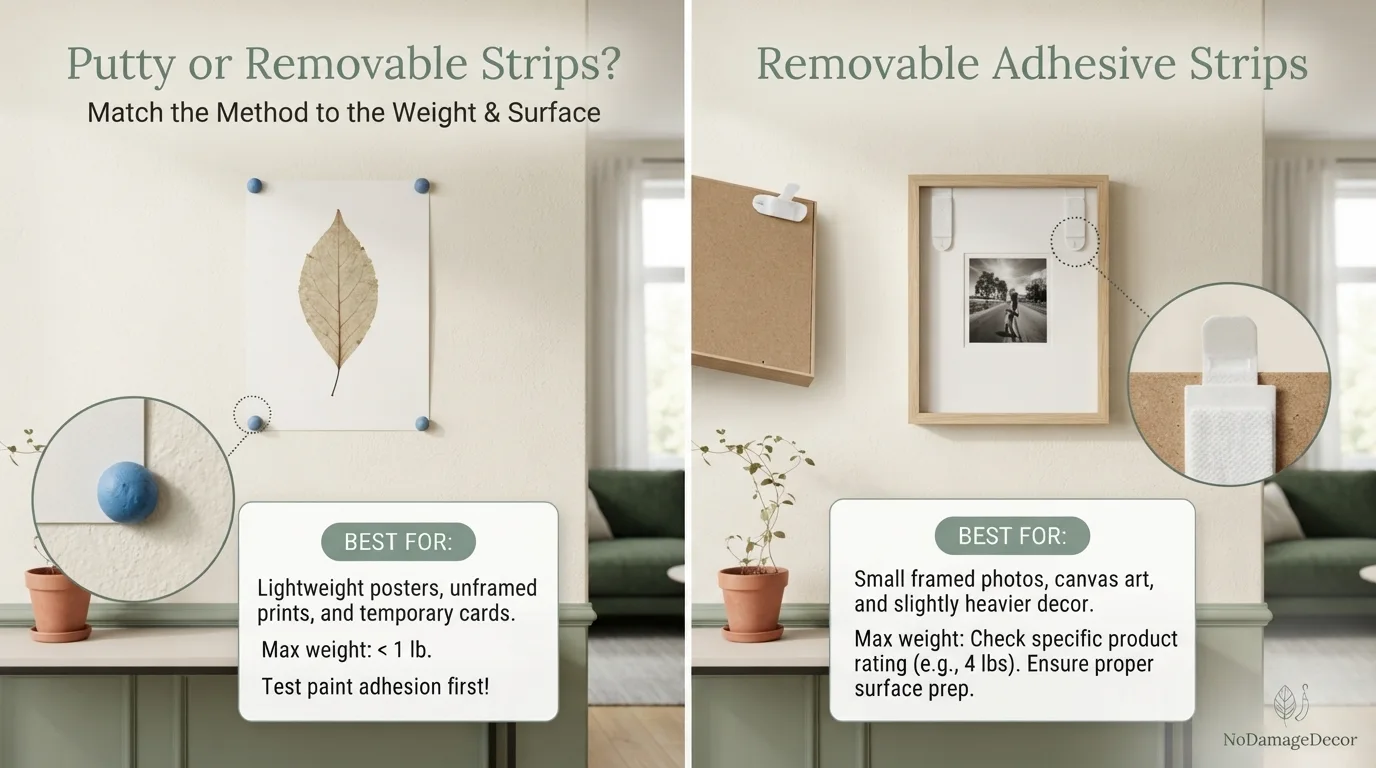Mounting putty compared with removable hanging strips for different renter wall decor weights