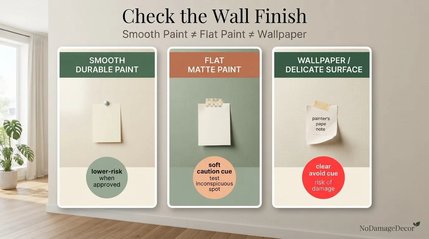 Smooth painted wall compared with flat paint and wallpaper before using mounting putty