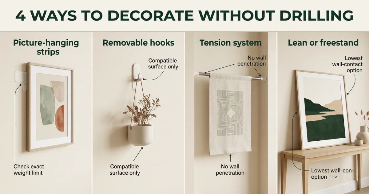 Side-by-side comparison of renter wall hanging options including adhesive strips, tension rod, and removable hook on a painted rental wall