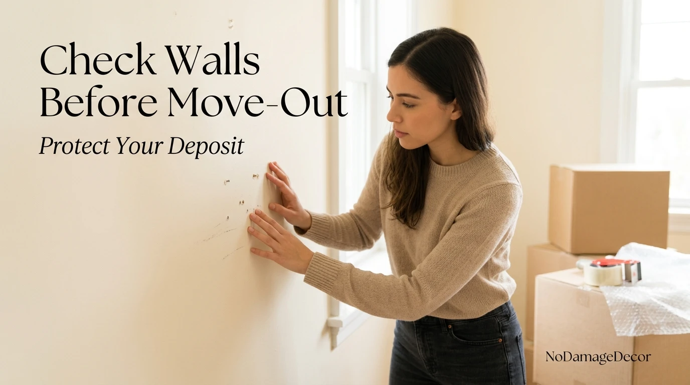 Renter inspecting a painted apartment wall for small marks and nail holes before moving out