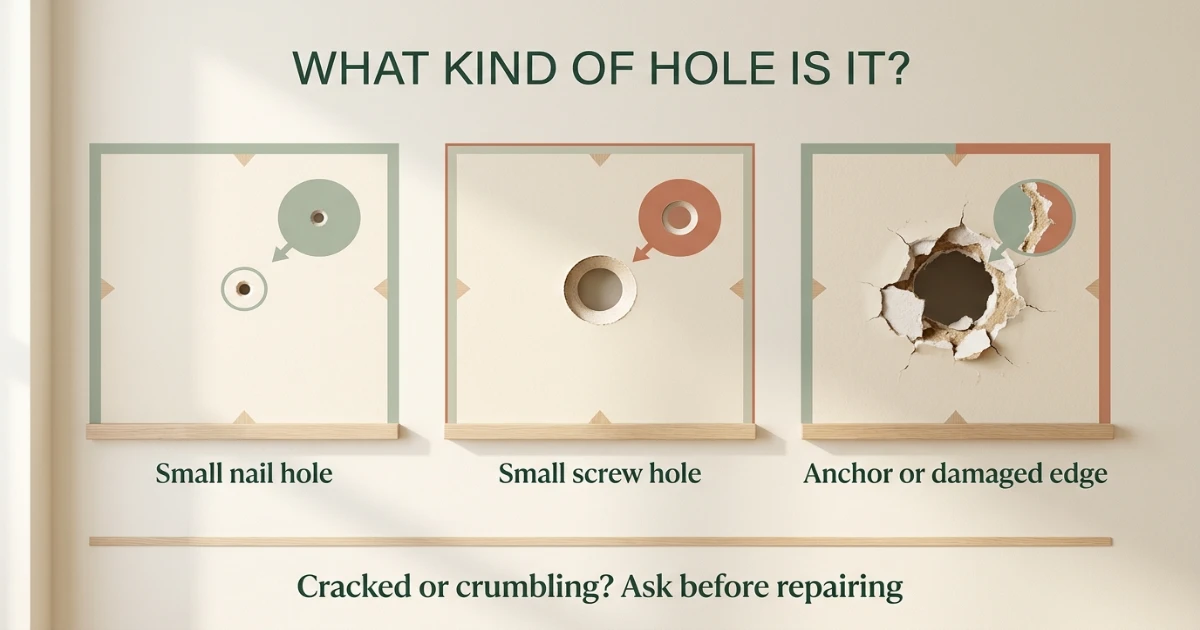 Close-up of various nail hole sizes in a rental apartment drywall wall, including small pin holes and a slightly larger anchor hole