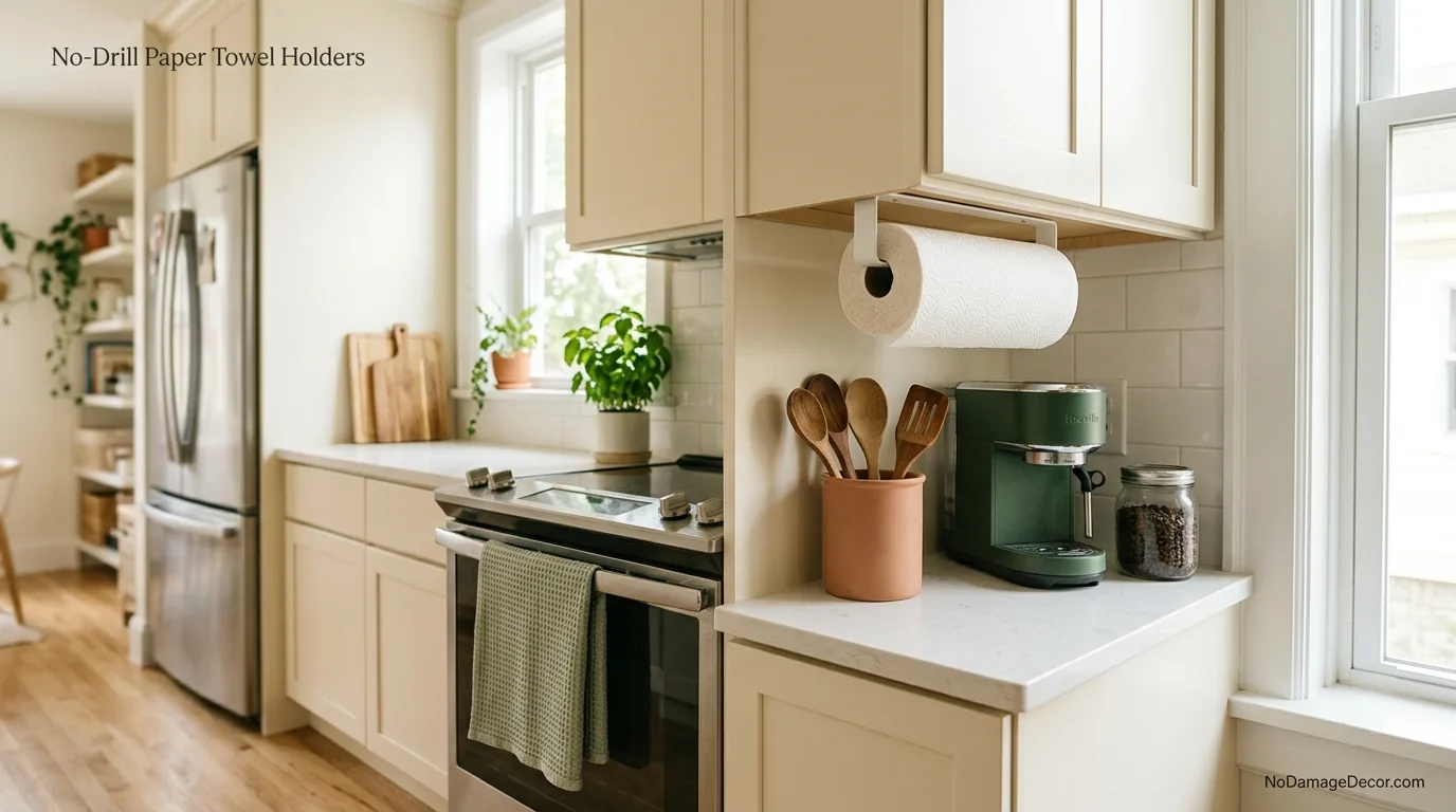 No drill paper towel holder installed under an apartment kitchen cabinet