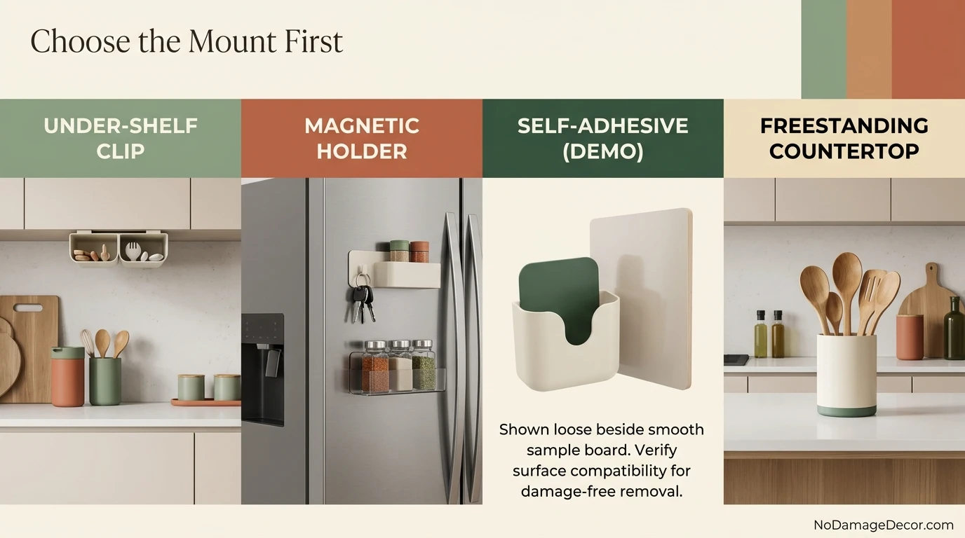 Under-shelf, magnetic, adhesive, and freestanding paper towel holder options in a rental kitchen