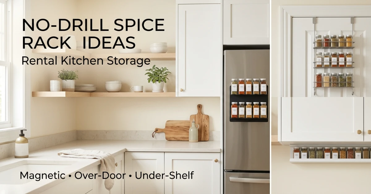 Renter-friendly no-drill spice rack arrangement on a refrigerator side and open kitchen shelf in a modern apartment