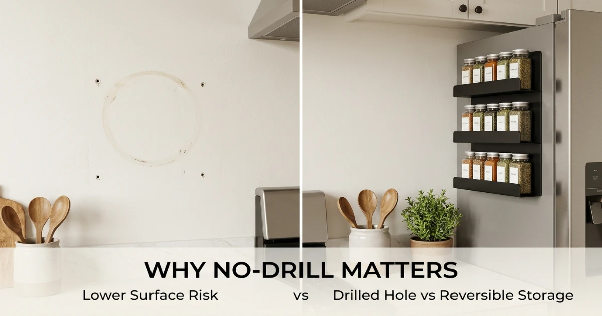 Side-by-side comparison of a rental kitchen wall with drilled holes versus a clean wall with no-drill spice storage