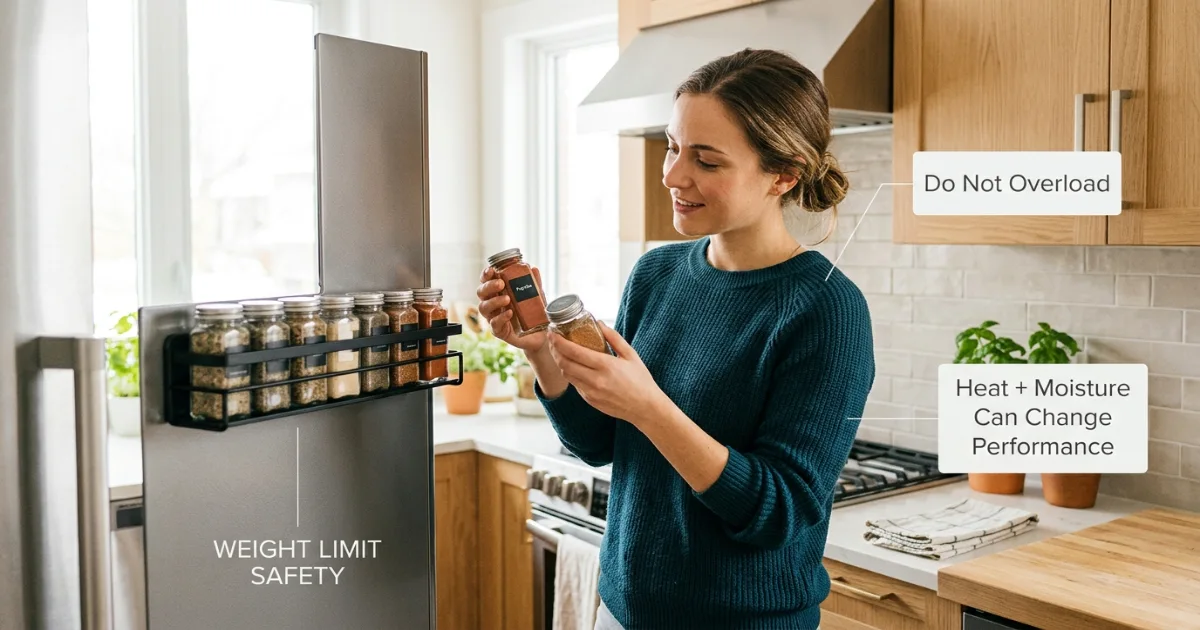 A renter checking the weight of spice jars before placing them on a magnetic no-drill rack in a rental kitchen