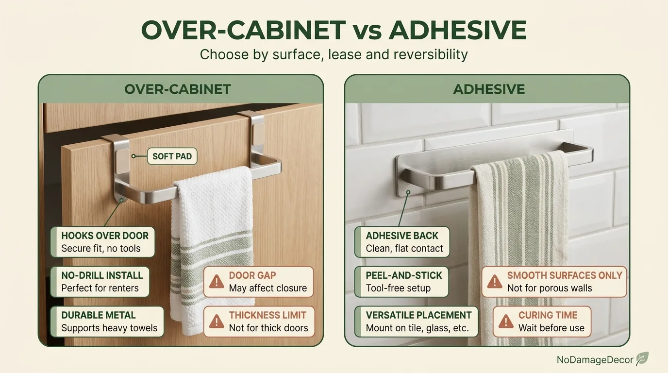 Over-cabinet and adhesive kitchen towel bar methods compared for renters.
