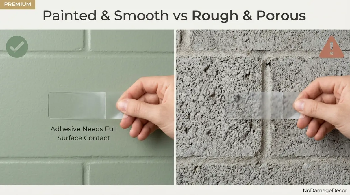 Smooth painted cinder block compared with rough unpainted block for Command strip adhesion