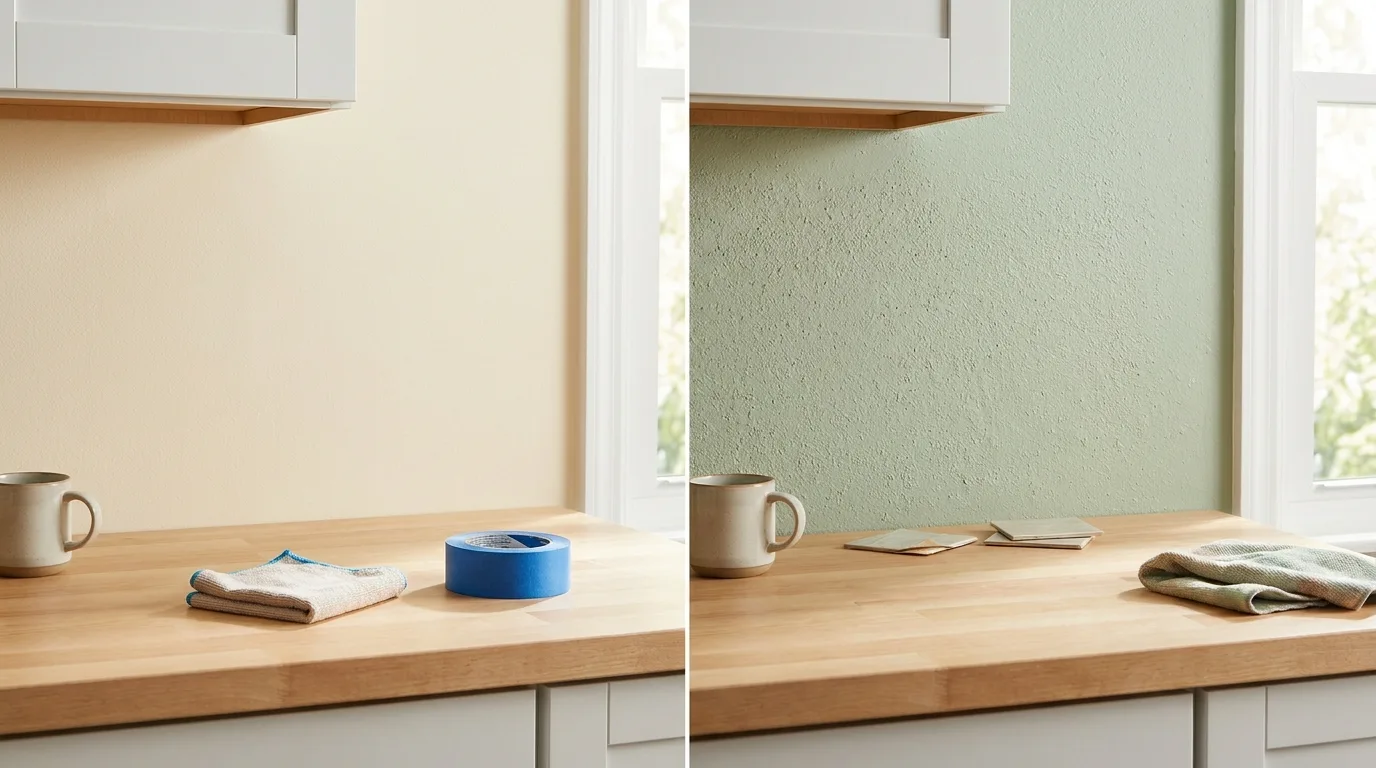 Smooth clean kitchen wall compared with textured wall before peel-and-stick backsplash installation