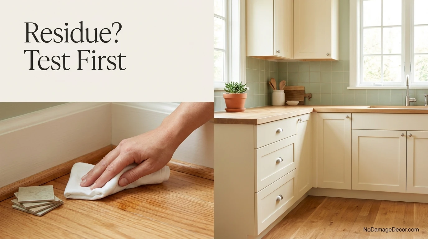 Renter spot-testing adhesive residue cleaner on a small area after removing peel-and-stick floor tile