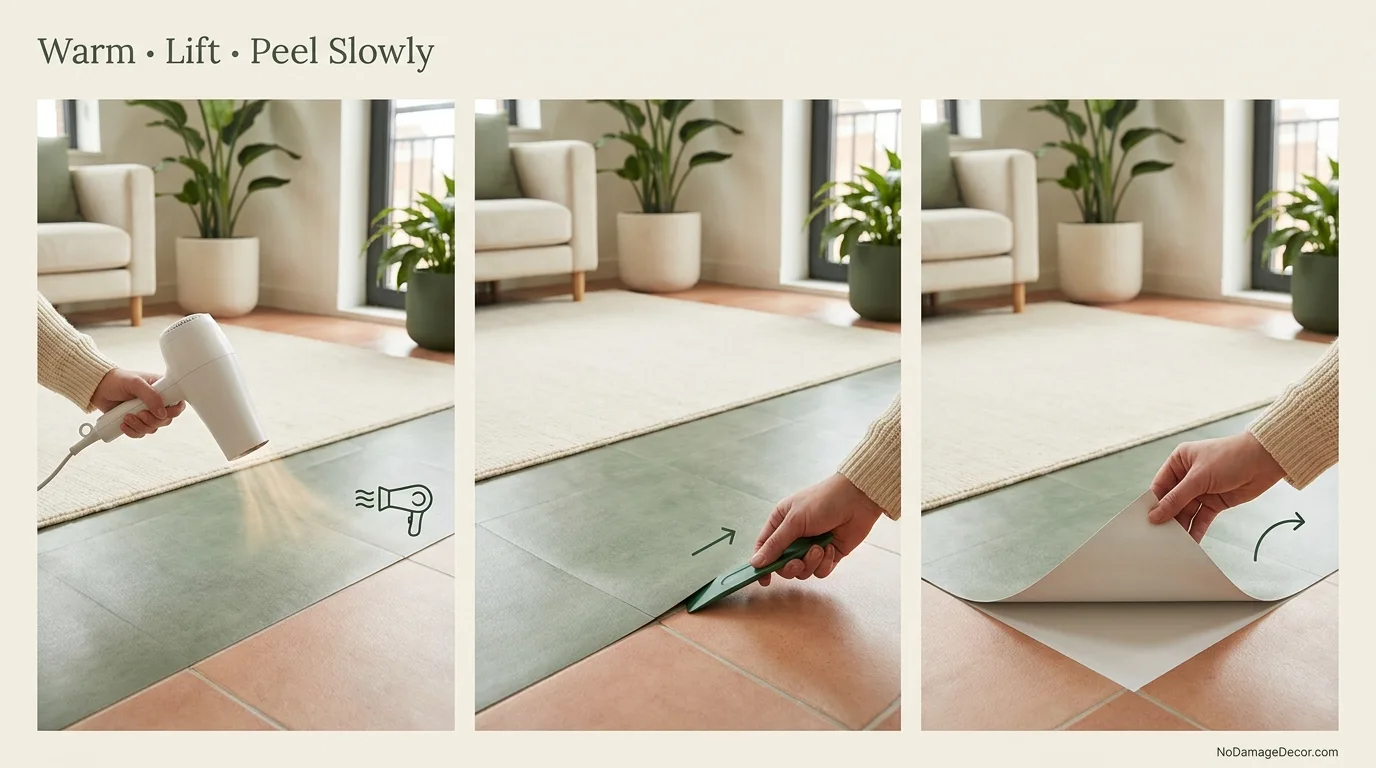 Step-by-step removal of peel-and-stick floor tile using gentle heat, edge lifting, and slow peeling