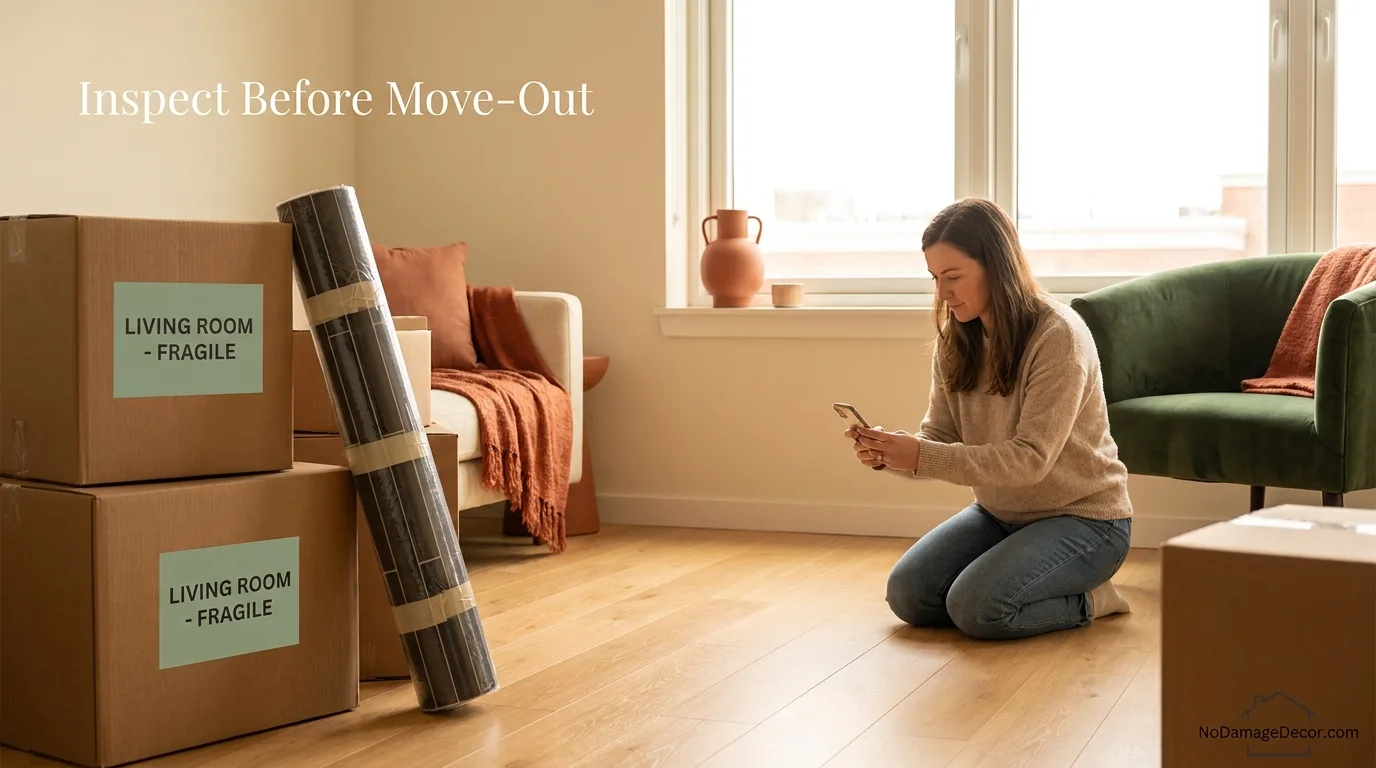 Renter inspecting the cleaned floor after peel-and-stick tiles have been removed before move-out