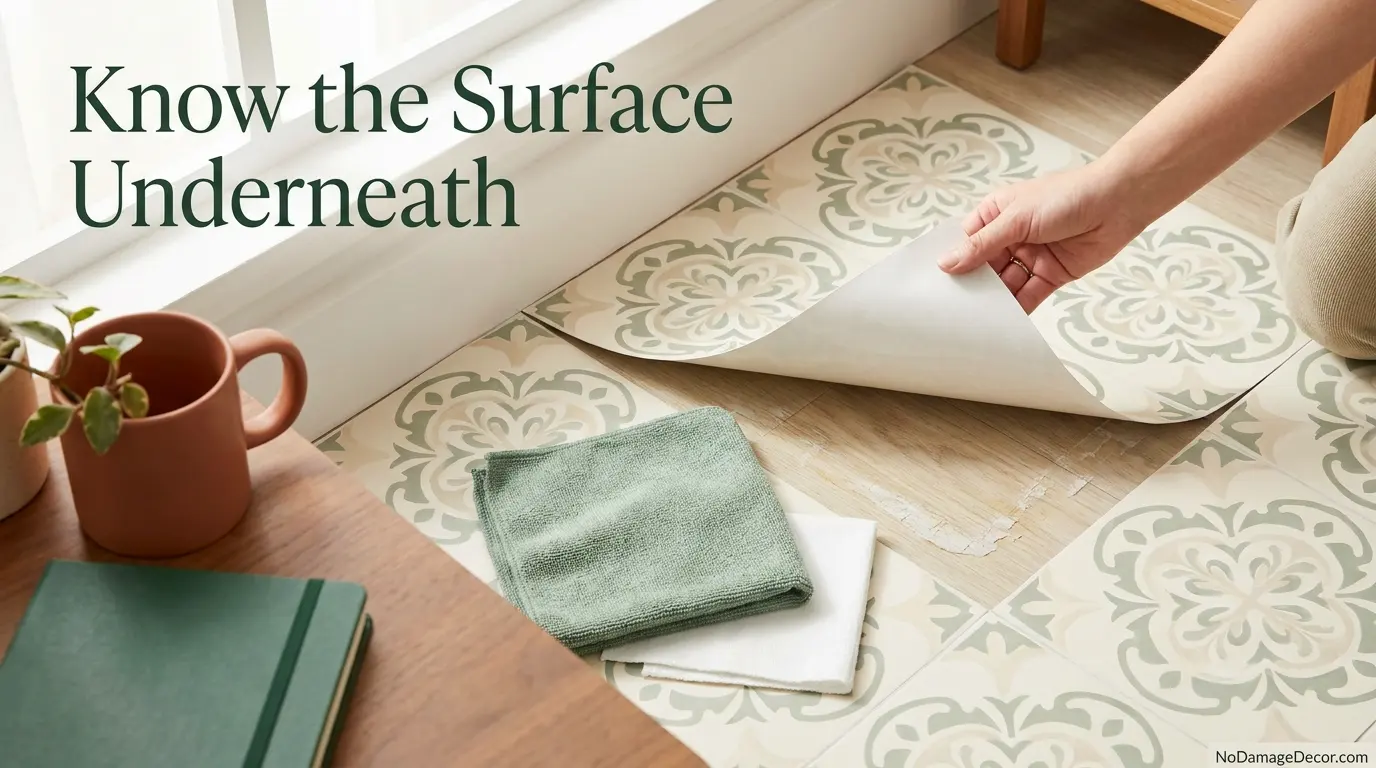 Renter checking the surface underneath removed peel-and-stick floor tile before using residue remover