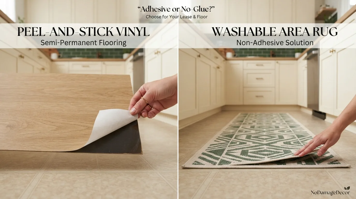 Adhesive peel-and-stick floor tile compared with a non-glued renter floor covering
