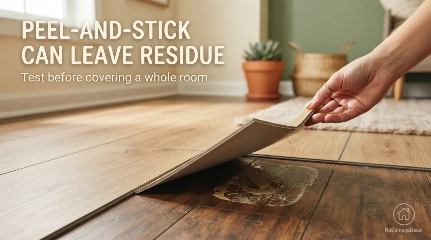 Peel-and-stick vinyl plank lifted from a rental floor showing possible adhesive residue underneath.