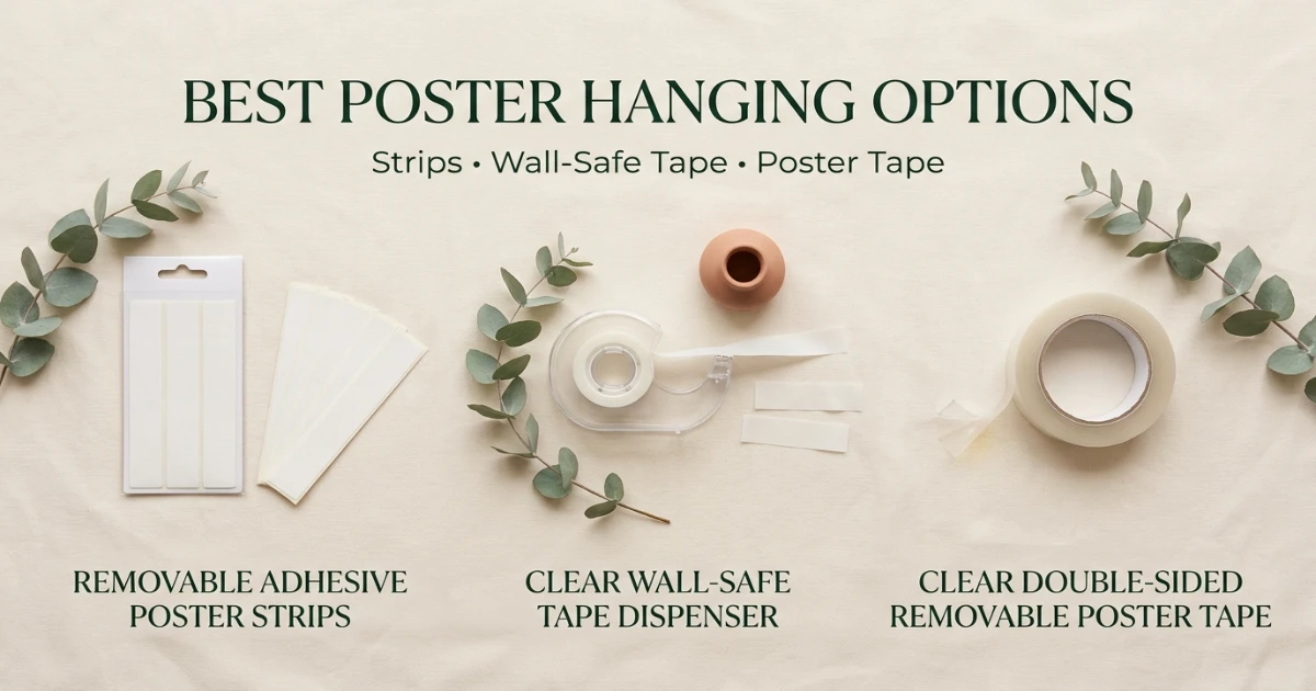 Flat lay of three renter-friendly poster hanging products — adhesive strips, wall-safe tape on a dispenser, and removable double-sided poster tape — arranged on a warm cream surface.