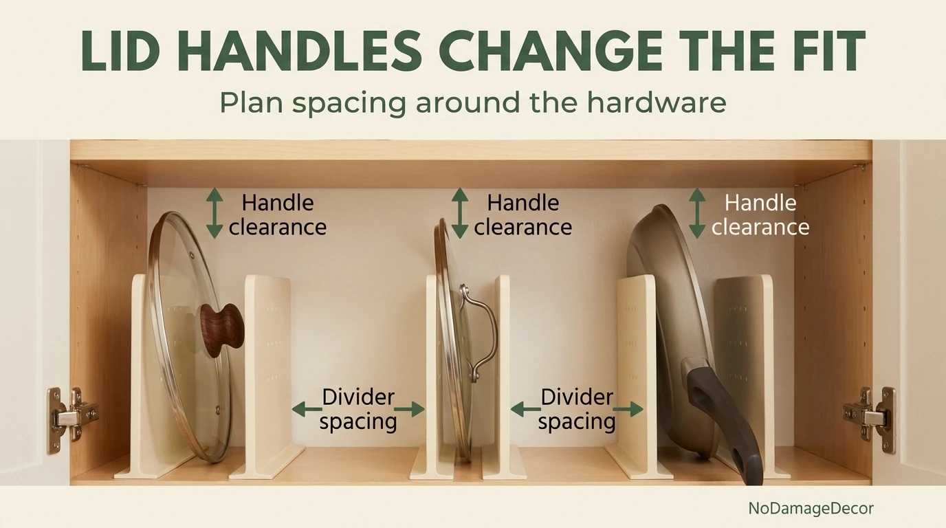Pot lids with knob and loop handles positioned upright in adjustable cabinet dividers.