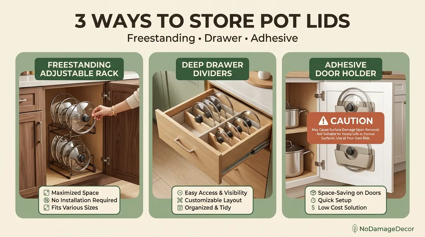Freestanding rack, drawer organizer and adhesive cabinet-door lid storage compared for renters.