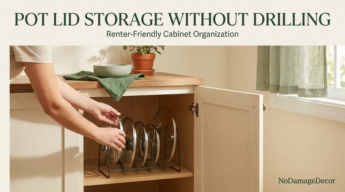Renter organizing pot lids upright inside a kitchen cabinet without drilling into the cabinet.