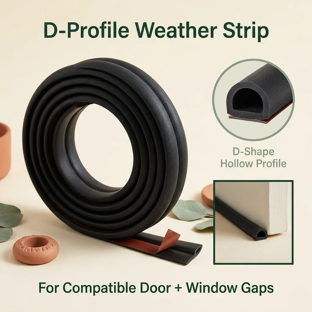 Protalwell black D-shaped silicone weather stripping roll for doors and windows